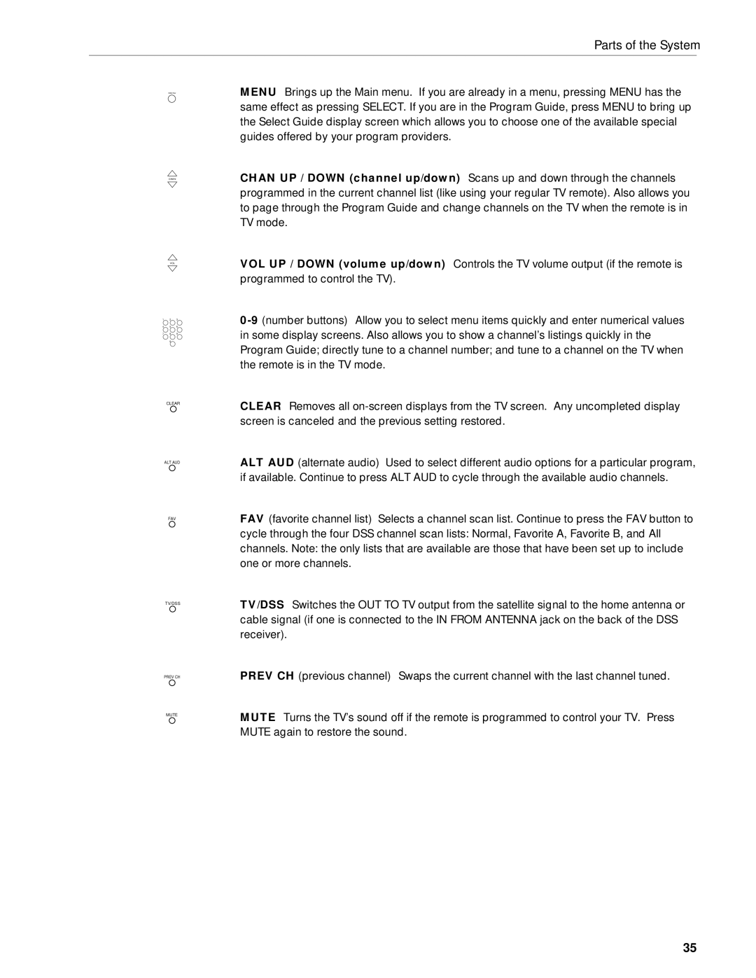 RCA DRD212NW user manual Clear ALT AUD FAV TV/DSS Prev CH Mute 