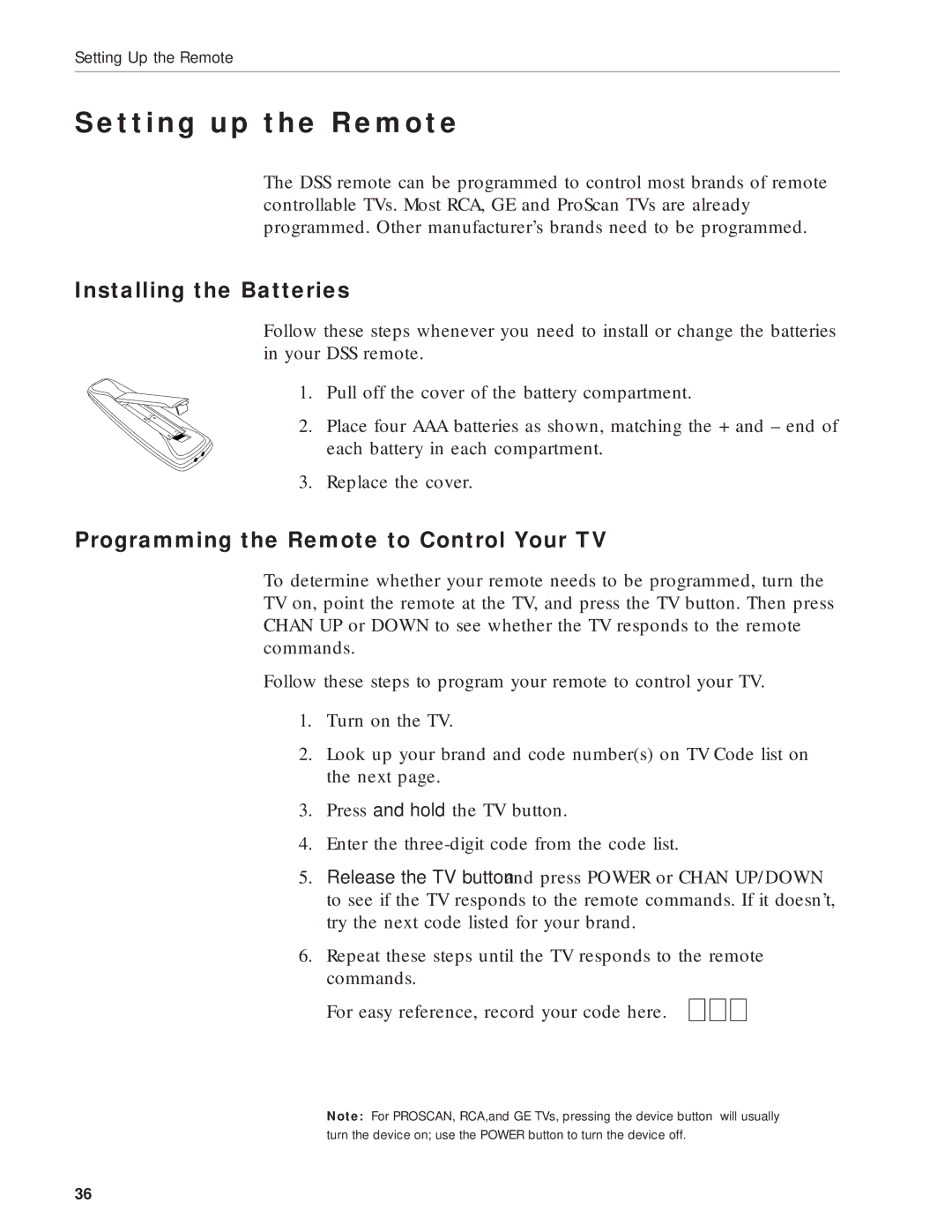 RCA DRD212NW user manual Setting up the Remote, Installing the Batteries, Programming the Remote to Control Your TV 