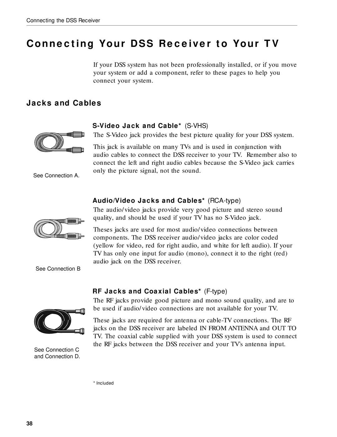 RCA DRD212NW user manual Connecting Your DSS Receiver to Your TV, Jacks and Cables, Video Jack and Cable* S-VHS 