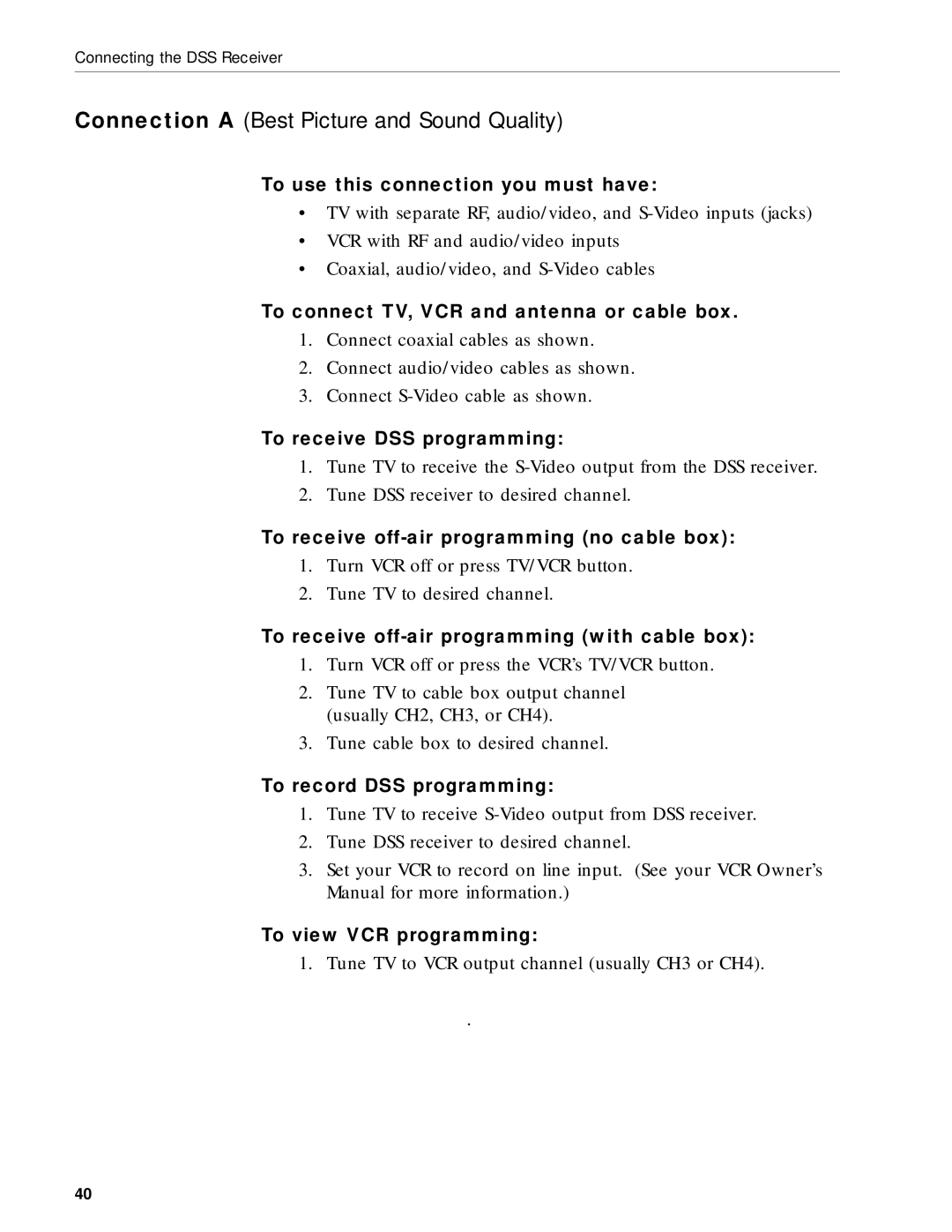 RCA DRD212NW To use this connection you must have, To connect TV, VCR and antenna or cable box, To receive DSS programming 