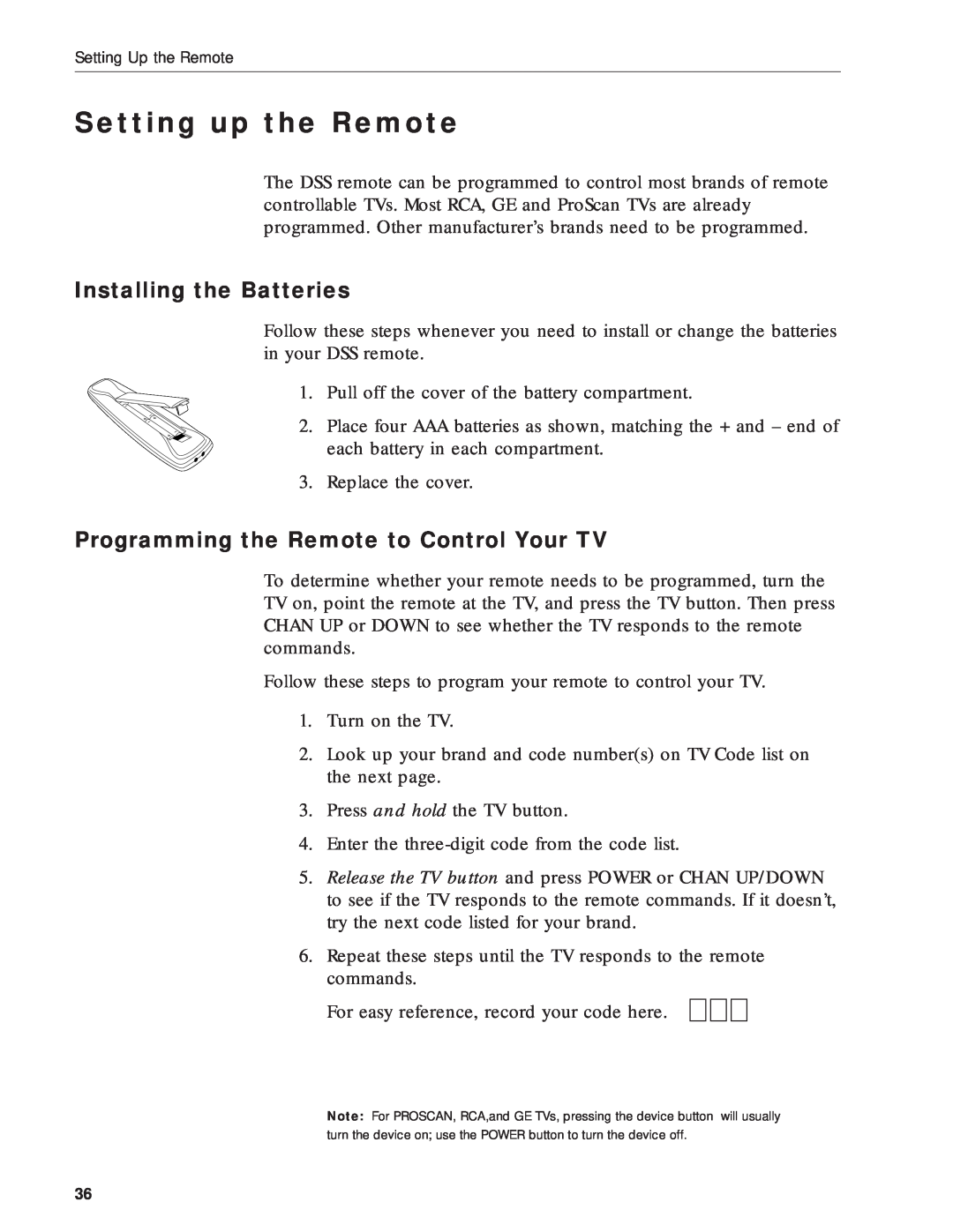 RCA DRD212NW user manual Setting up the Remote, Installing the Batteries, Programming the Remote to Control Your TV 