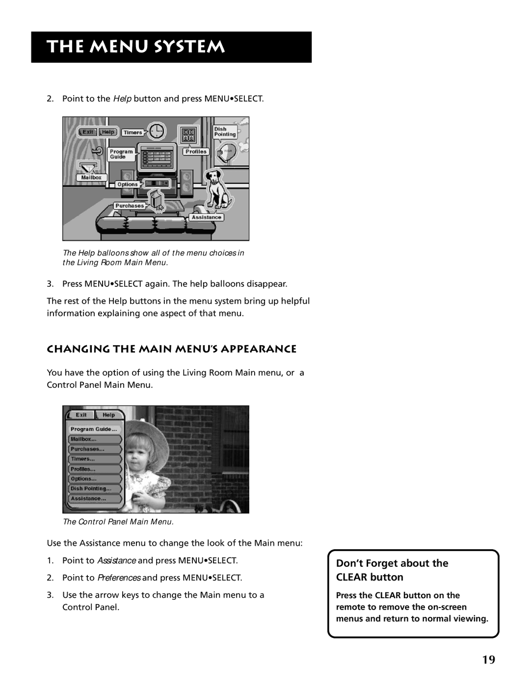 RCA DRD403RA owner manual Changing the Main MENU’S Appearance, Don’t Forget about Clear button 