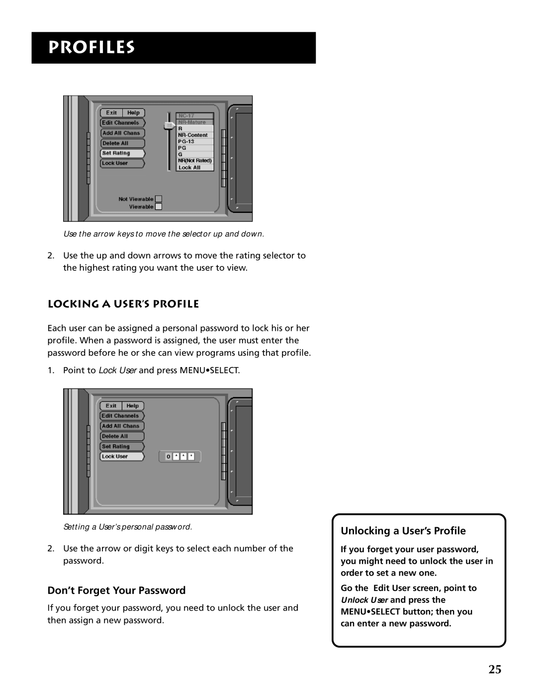 RCA DRD403RA owner manual Locking a USER’S Profile, Don’t Forget Your Password, Unlocking a User’s Profile 