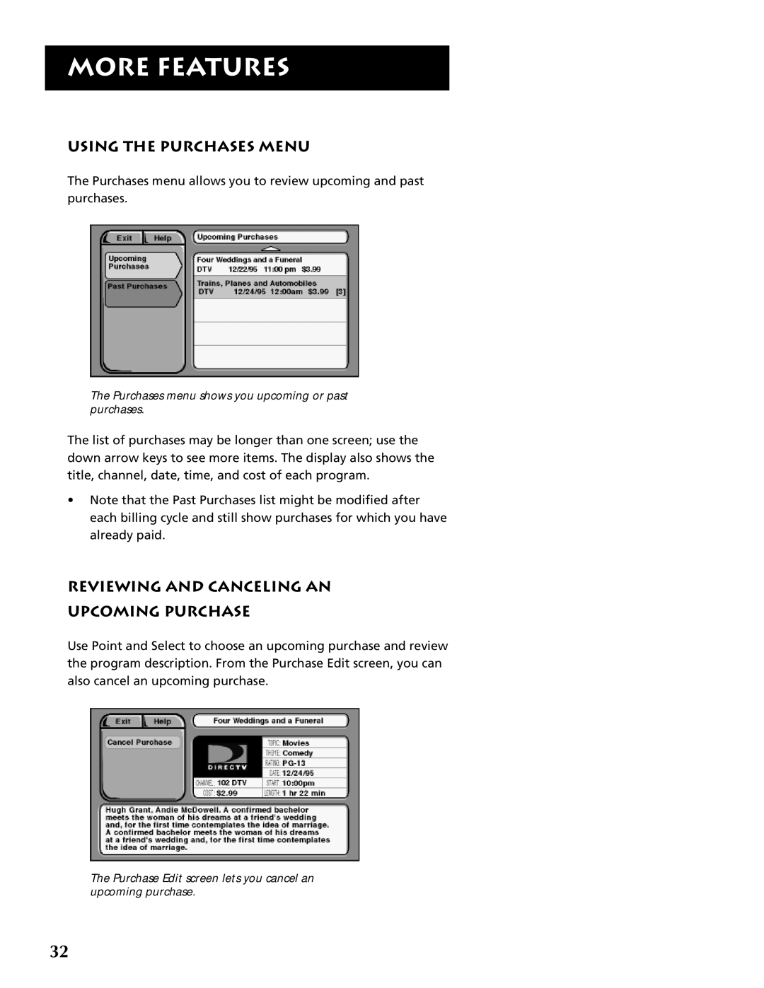 RCA DRD403RA owner manual Using the Purchases Menu, Reviewing and Canceling AN Upcoming Purchase 