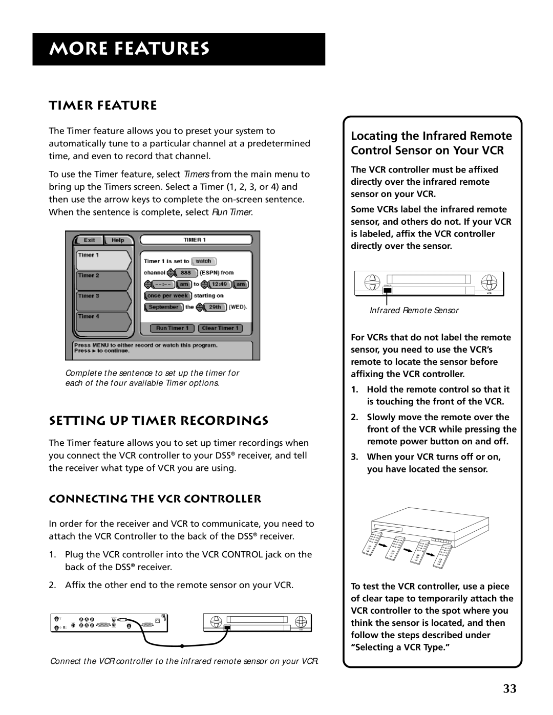 RCA DRD403RA owner manual Timer Feature, Setting UP Timer Recordings, Connecting the VCR Controller 