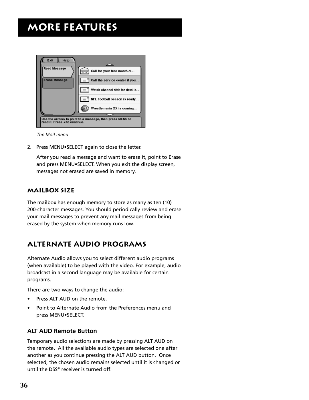 RCA DRD403RA owner manual Alternate Audio Programs, Mailbox Size, ALT AUD Remote Button 