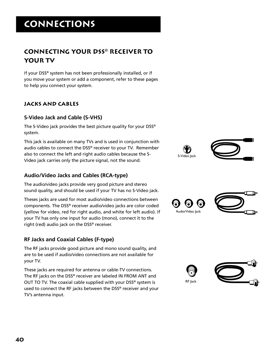 RCA DRD403RA owner manual Connecting Your DSS Receiver to Your TV, Jacks and Cables, Video Jack and Cable S-VHS 