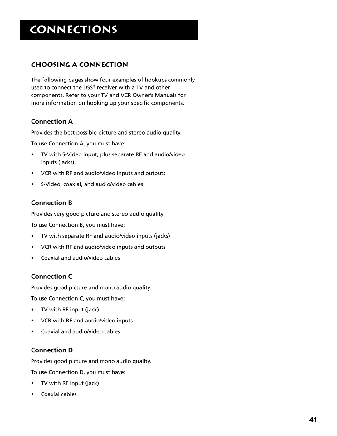 RCA DRD403RA owner manual Choosing a Connection, Connection a, Connection B, Connection C, Connection D 