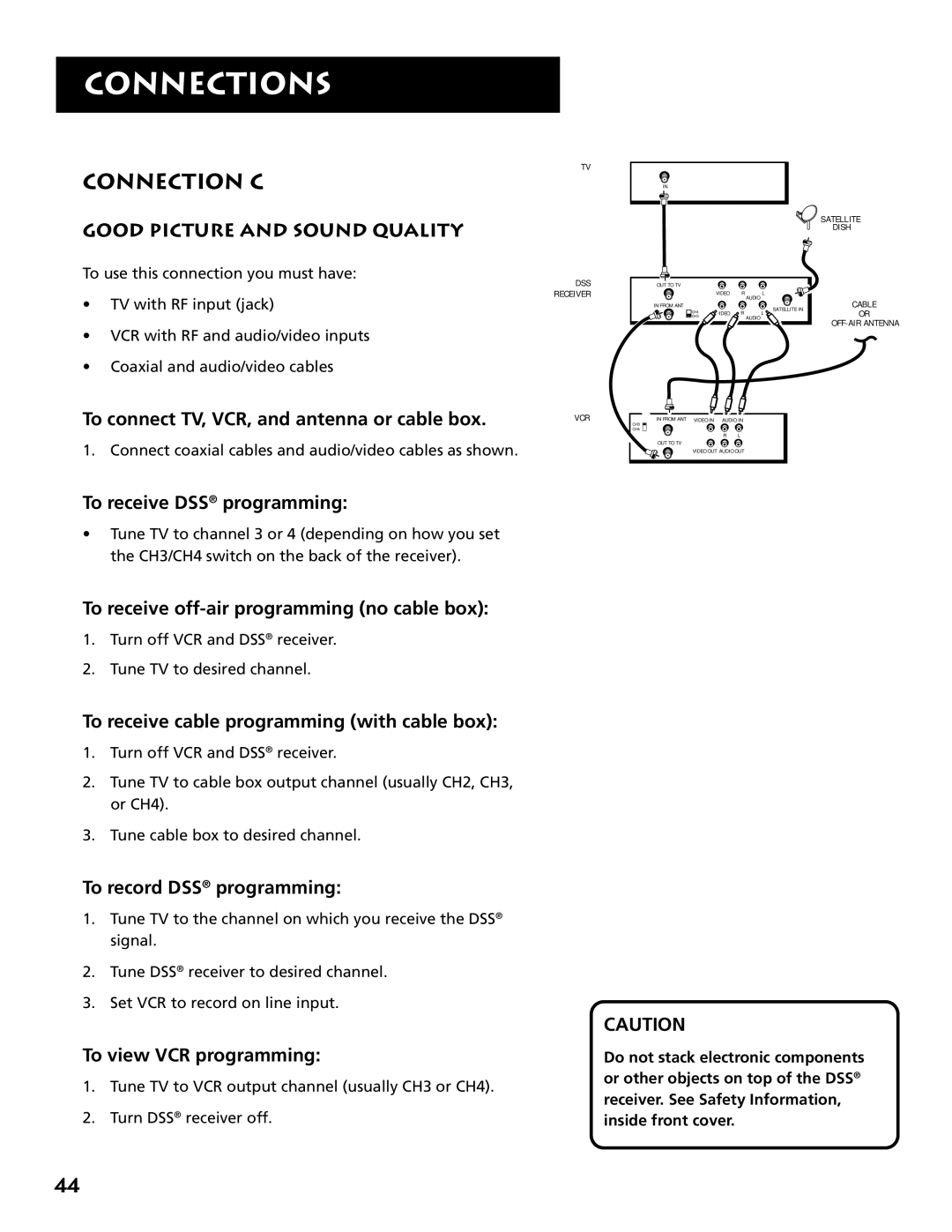 RCA DRD403RA owner manual Connection C, Good Picture and Sound Quality, To connect TV, VCR, and antenna or cable box 