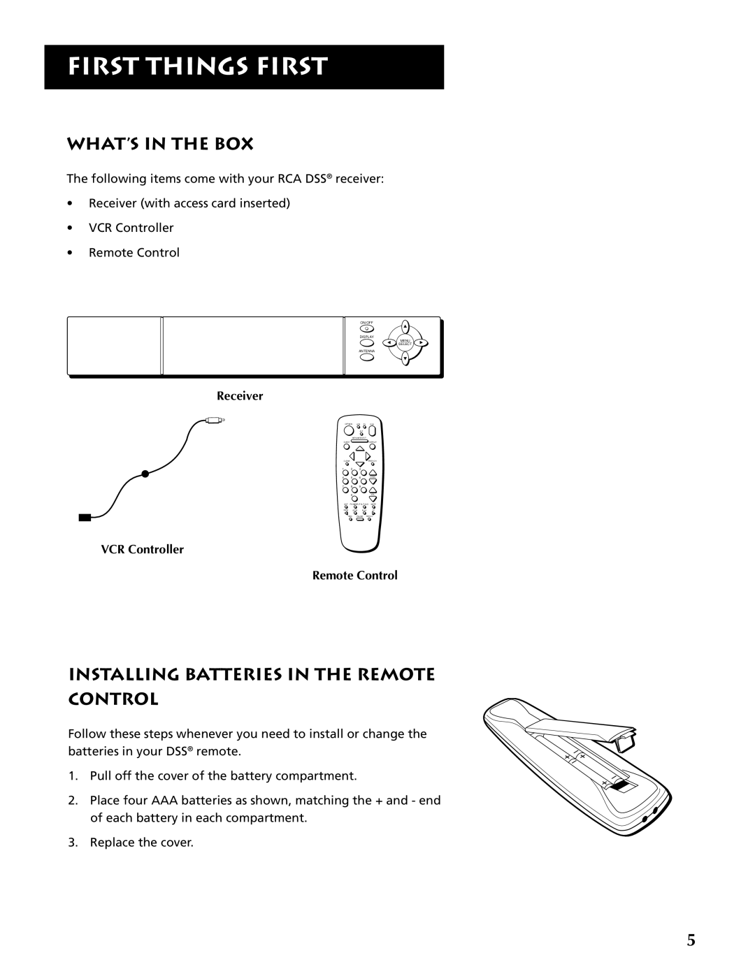 RCA DRD403RA owner manual WHAT’S in the BOX, Installing Batteries in the Remote Control 