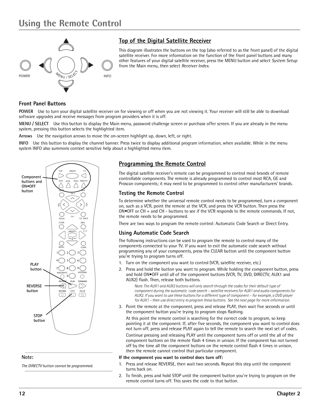 RCA DRD455RH manual Using the Remote Control, Top of the Digital Satellite Receiver, Programming the Remote Control 