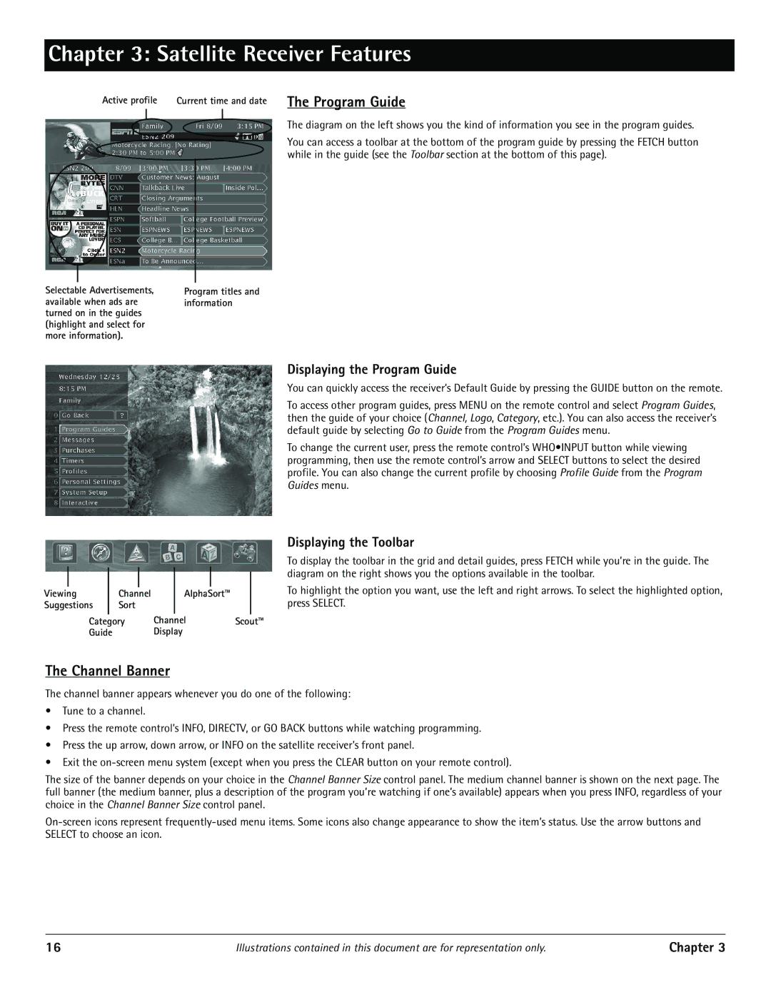 RCA DRD455RH manual Channel Banner, Displaying the Program Guide, Displaying the Toolbar 