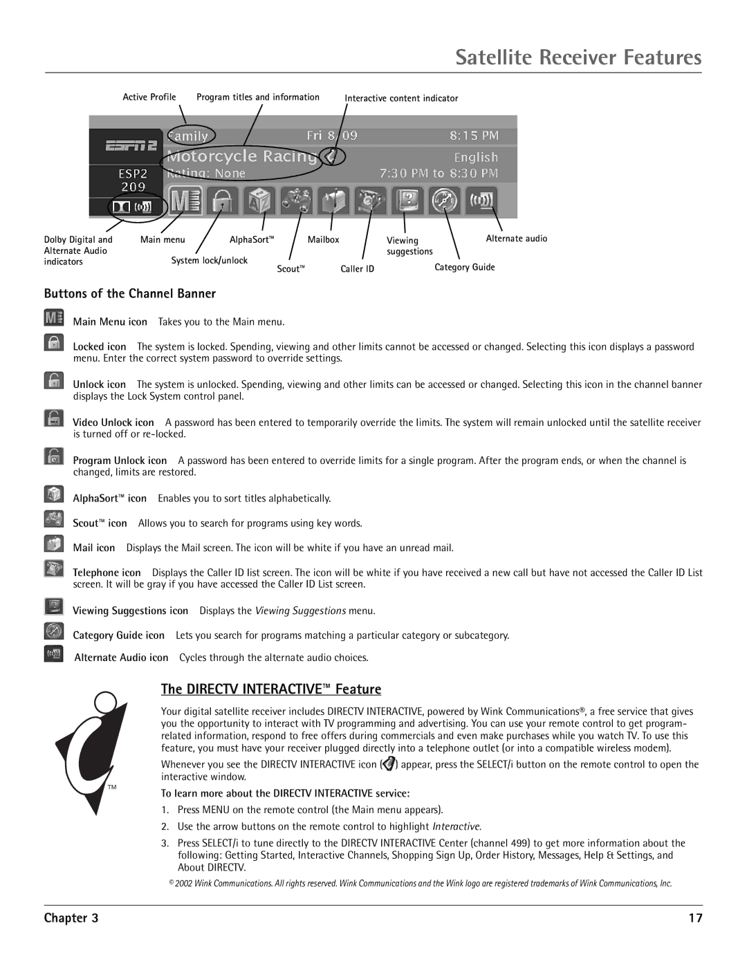 RCA DRD455RH manual Satellite Receiver Features, Directv Interactive Feature, Buttons of the Channel Banner 