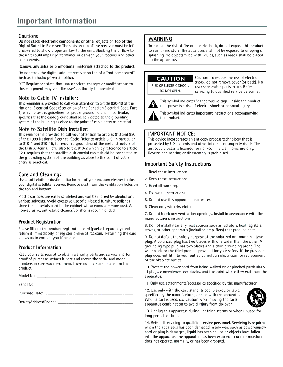 RCA DRD455RH manual Important Information, Care and Cleaning, Important Safety Instructions, Product Registration 