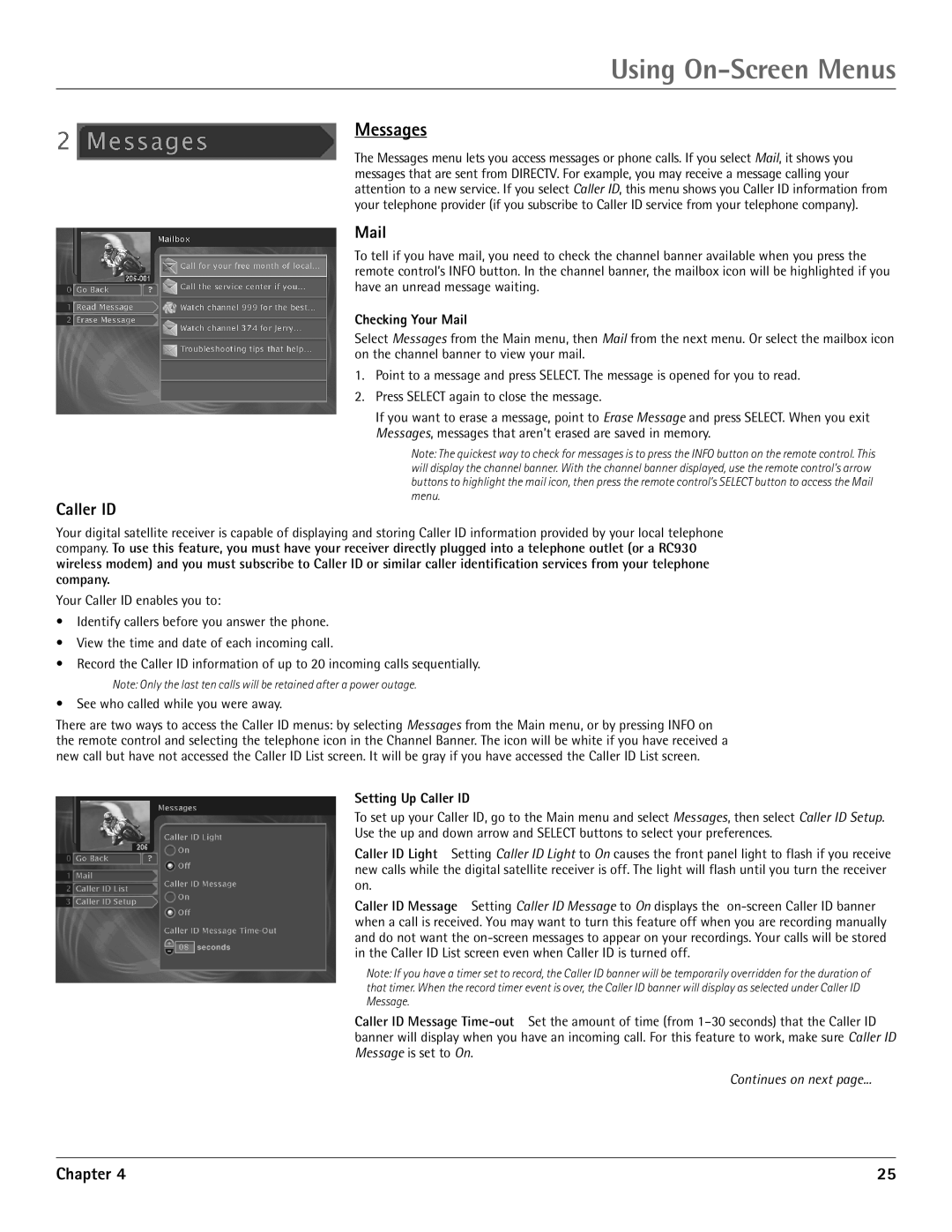 RCA DRD455RH manual Messages, Checking Your Mail, Setting Up Caller ID 