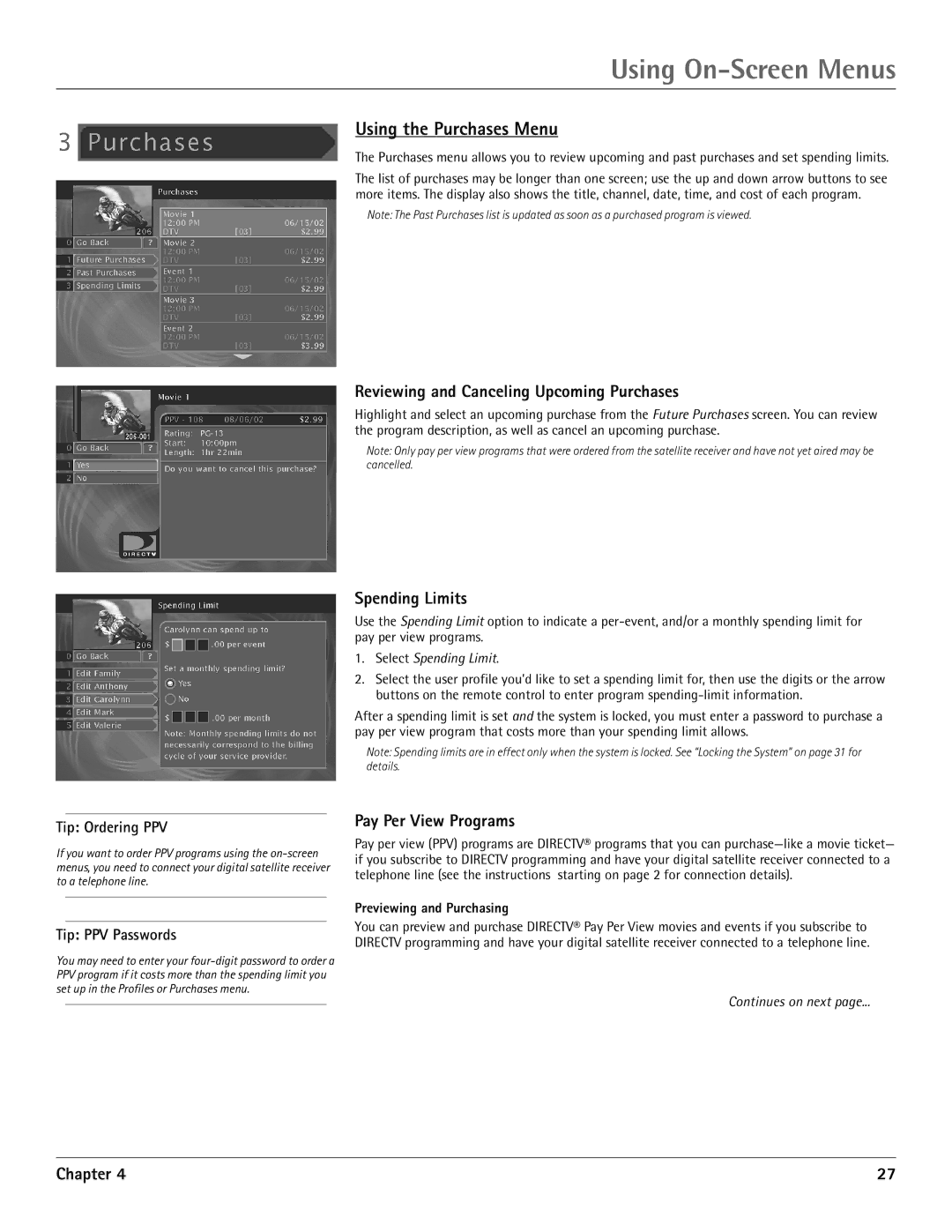 RCA DRD455RH Using the Purchases Menu, Reviewing and Canceling Upcoming Purchases, Spending Limits, Pay Per View Programs 