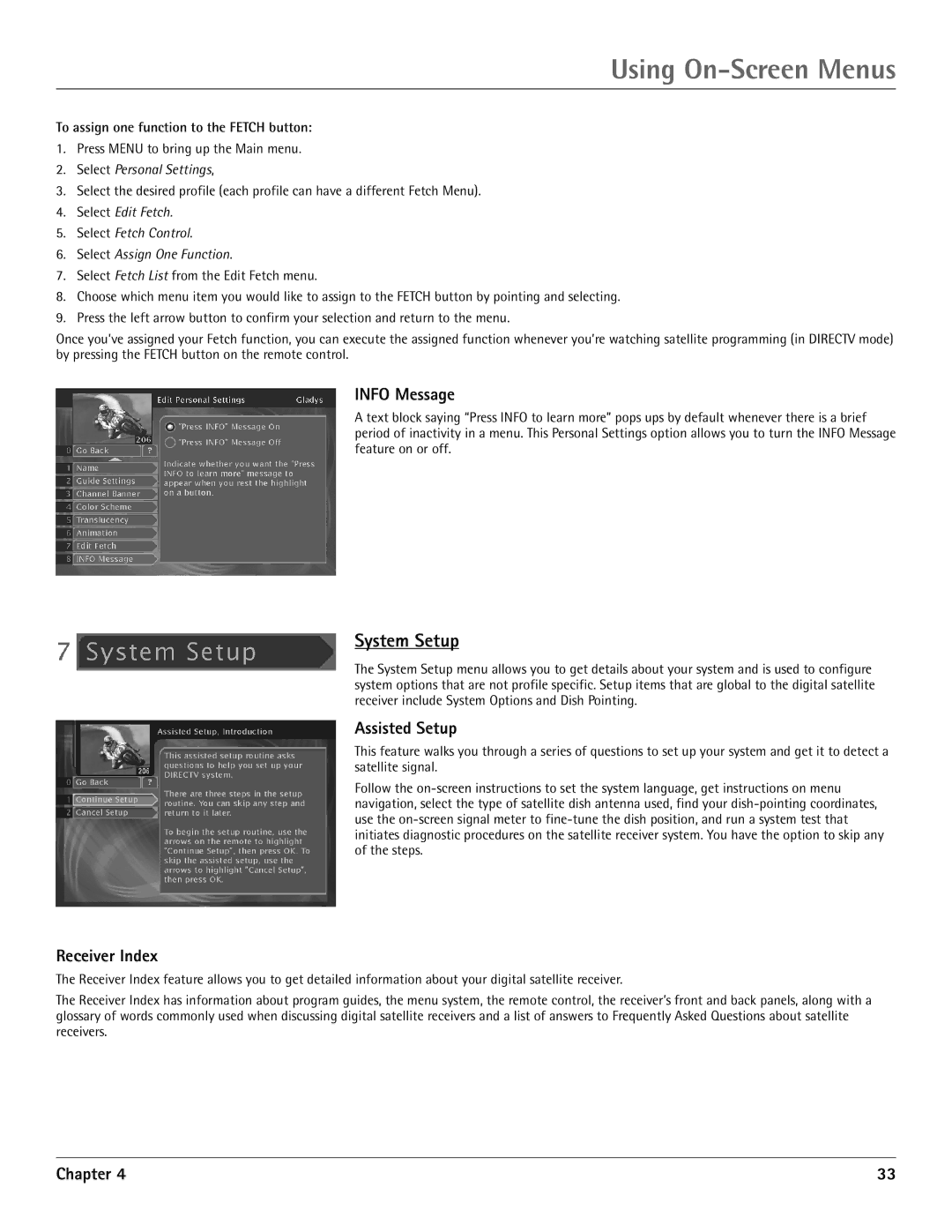 RCA DRD455RH manual System Setup, Info Message, Assisted Setup, Receiver Index, To assign one function to the Fetch button 