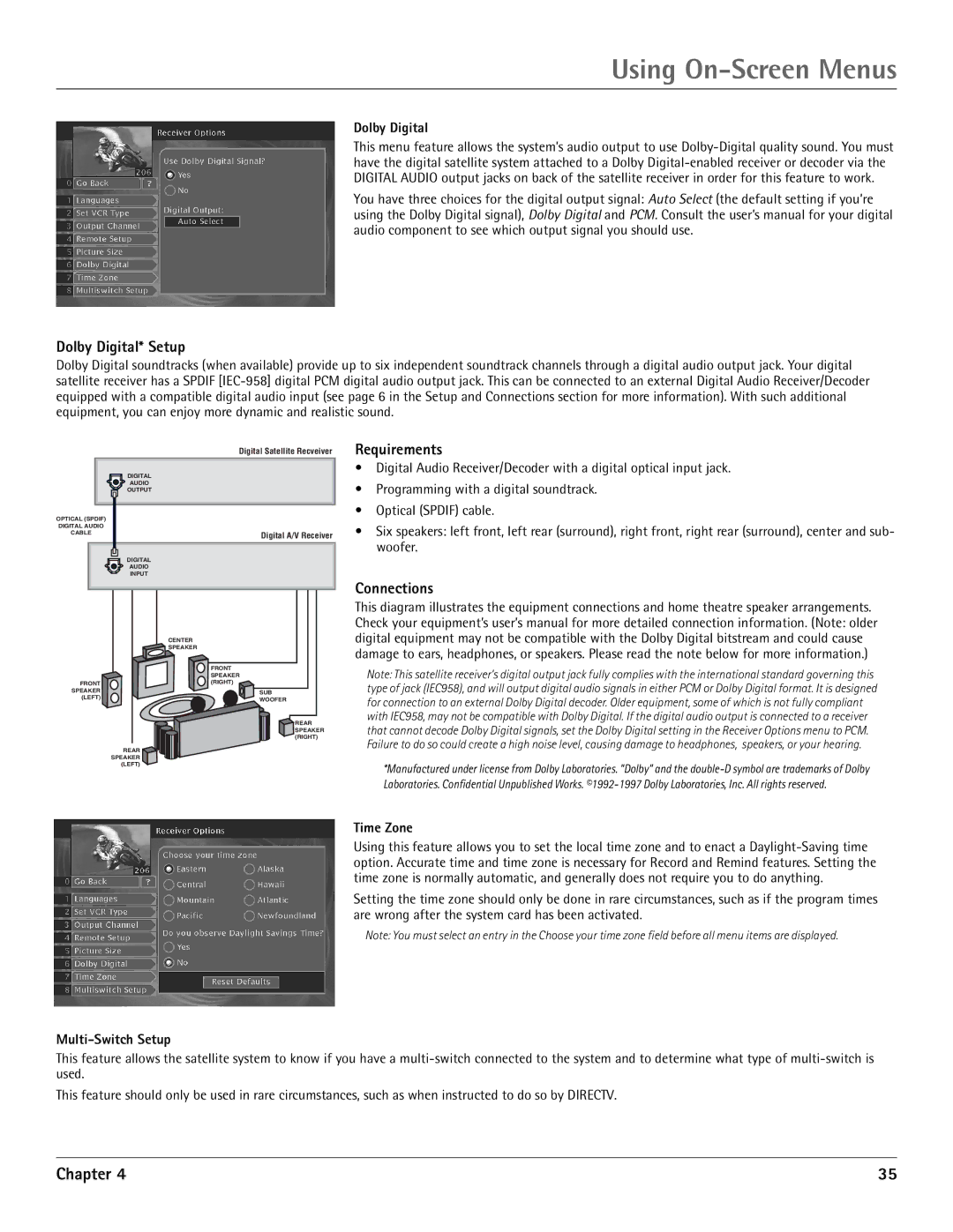 RCA DRD455RH manual Dolby Digital* Setup, Requirements, Connections 