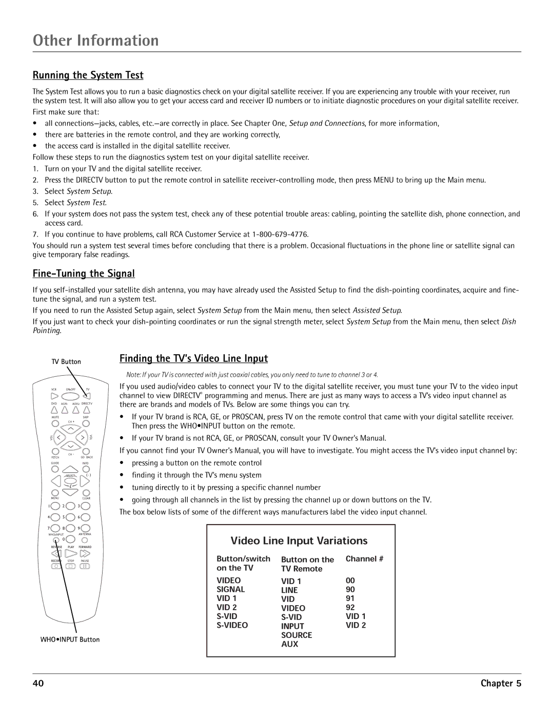 RCA DRD455RH manual Running the System Test, Fine-Tuning the Signal, Finding the TV’s Video Line Input 