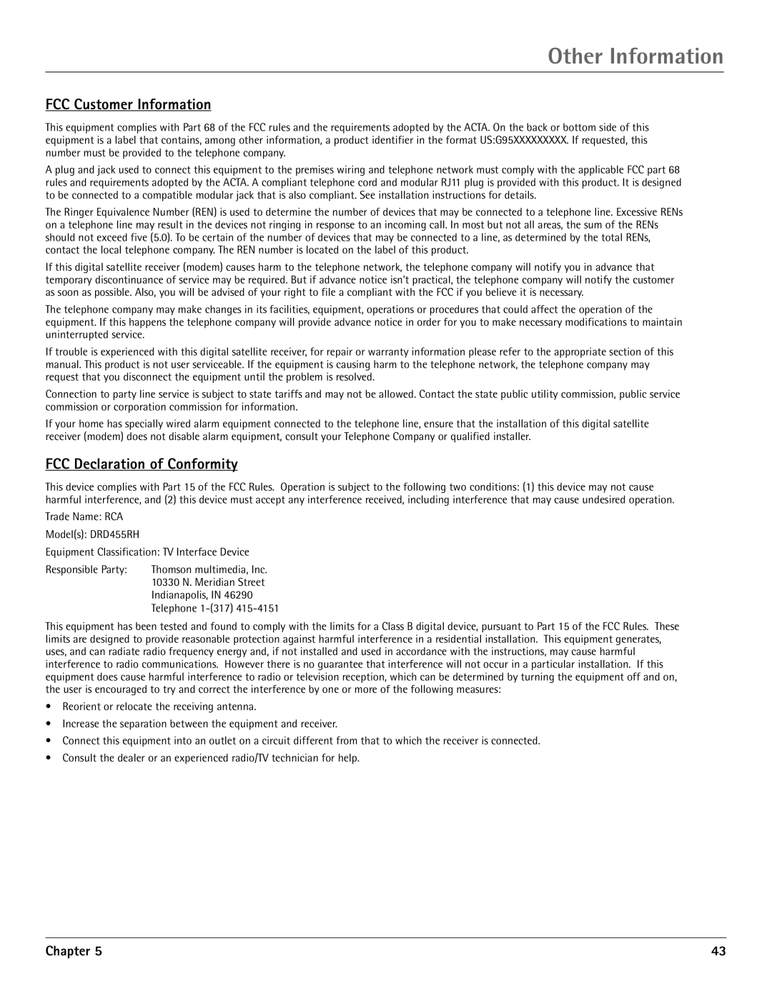 RCA DRD455RH manual FCC Customer Information, FCC Declaration of Conformity, 10330 N. Meridian Street, Indianapolis 