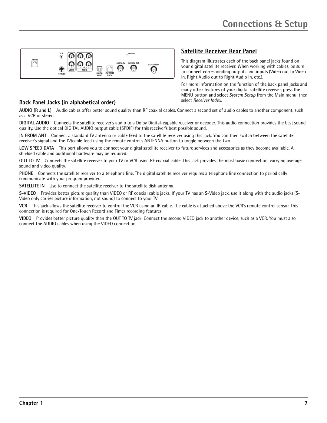 RCA DRD455RH manual Satellite Receiver Rear Panel, Back Panel Jacks in alphabetical order 