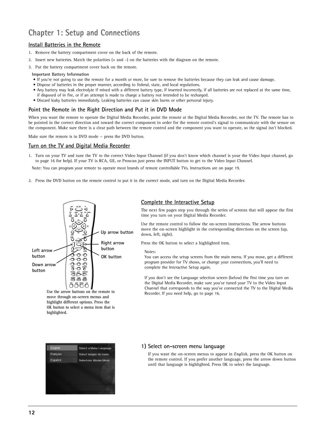 RCA DRS7000N manual Setup and Connections, Install Batteries in the Remote, Turn on the TV and Digital Media Recorder 