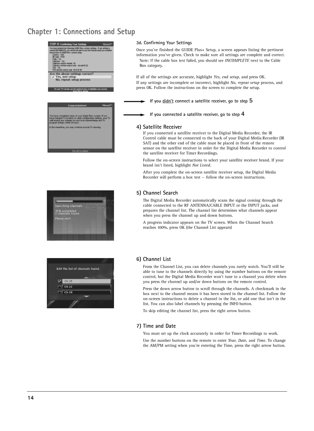 RCA DRS7000N manual Satellite Receiver, Channel Search, Channel List, Time and Date, 3d. Confirming Your Settings 
