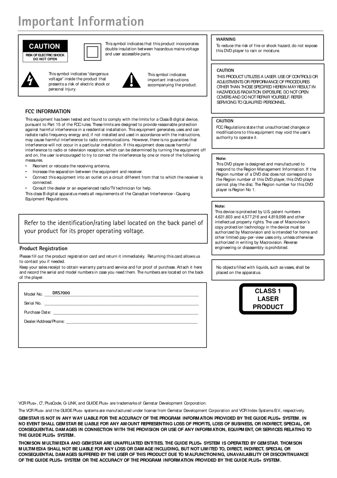 RCA DRS7000N manual Important Information, Product Registration 