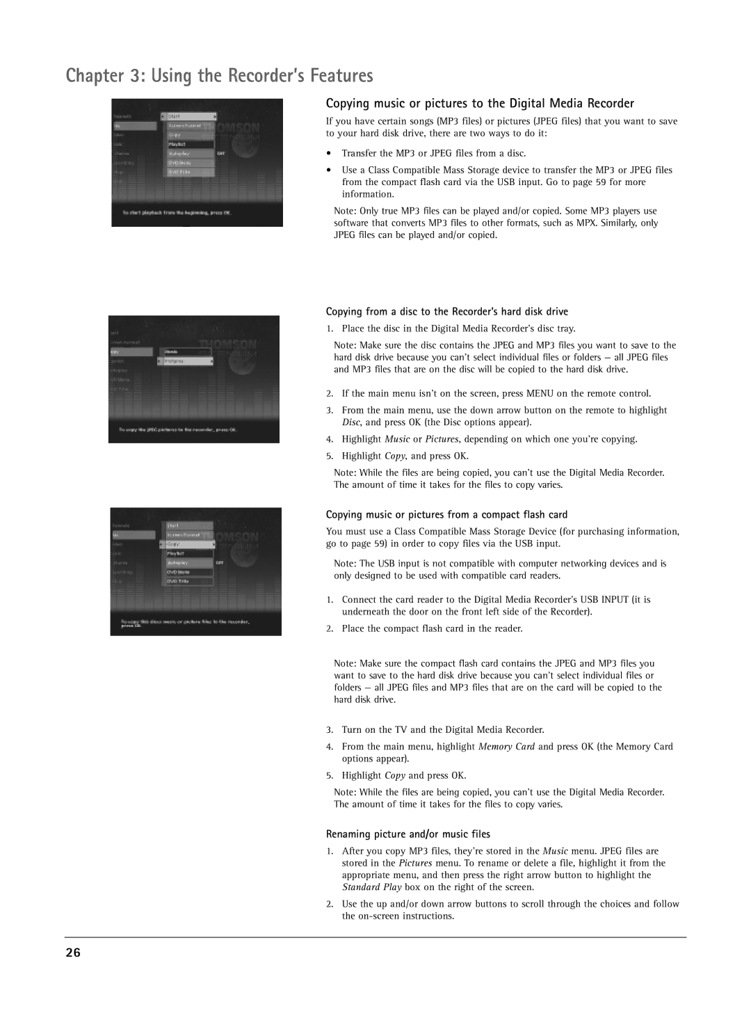 RCA DRS7000N Copying music or pictures to the Digital Media Recorder, Copying music or pictures from a compact flash card 