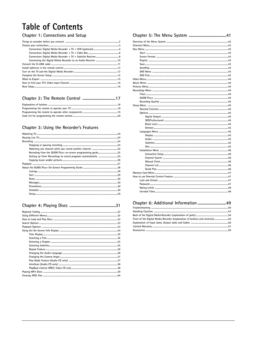 RCA DRS7000N manual Table of Contents 