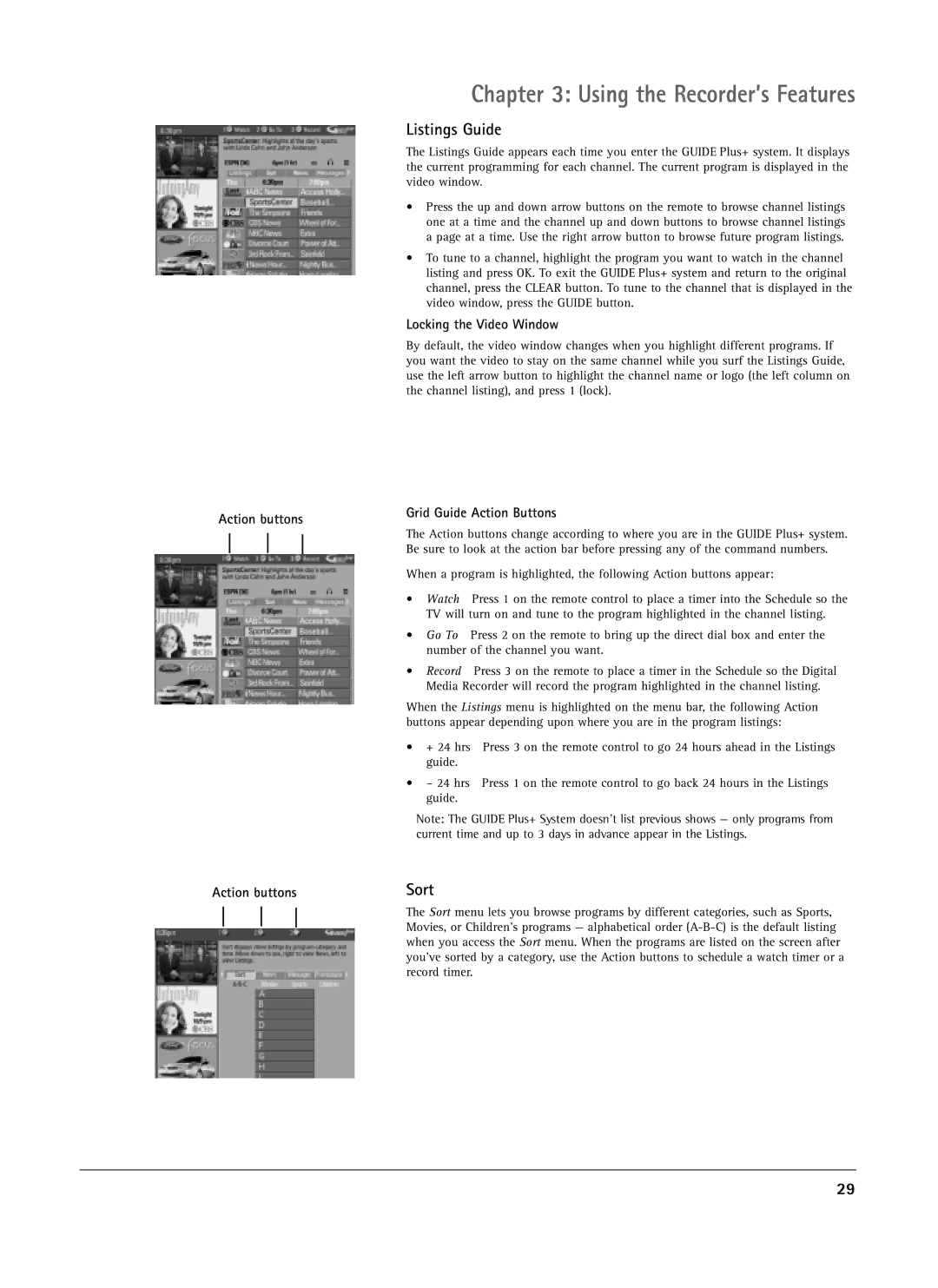 RCA DRS7000N manual Listings Guide, Sort, Action buttons, Locking the Video Window, Grid Guide Action Buttons 