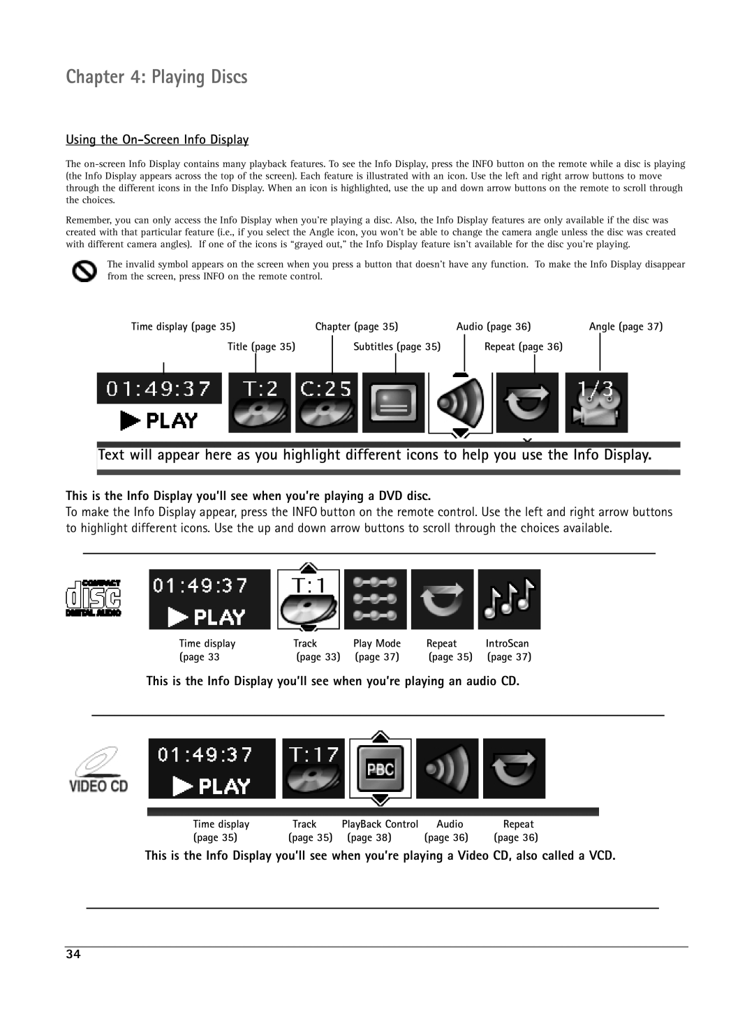 RCA DRS7000N Using the On-Screen Info Display, Time display Chapter Audio Angle Title Subtitles Repeat, Time display Track 