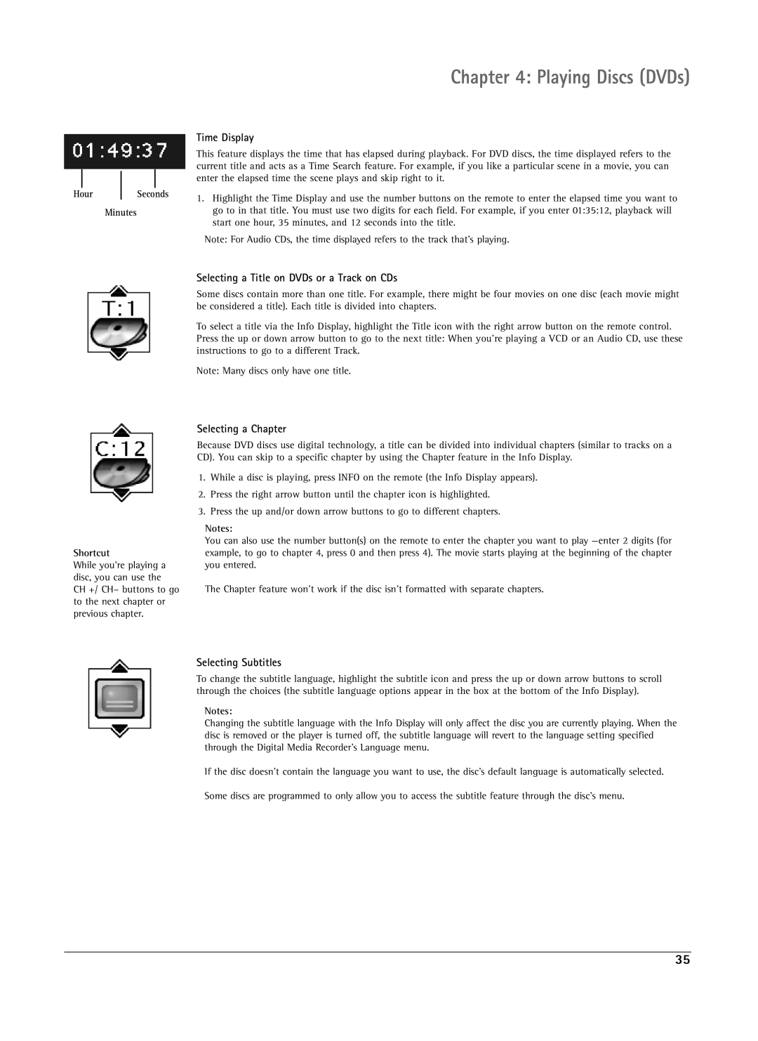 RCA DRS7000N manual Playing Discs DVDs, Time Display, Selecting a Title on DVDs or a Track on CDs, Selecting a Chapter 
