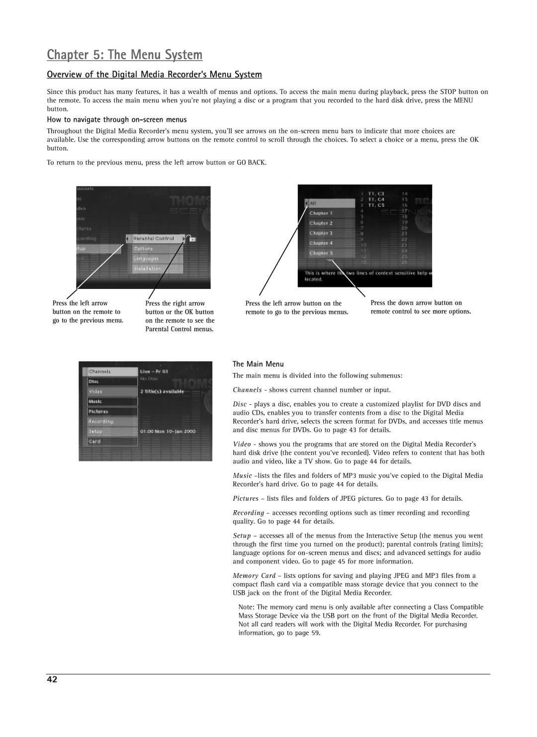 RCA DRS7000N Overview of the Digital Media Recorder’s Menu System, How to navigate through on-screen menus, Main Menu 