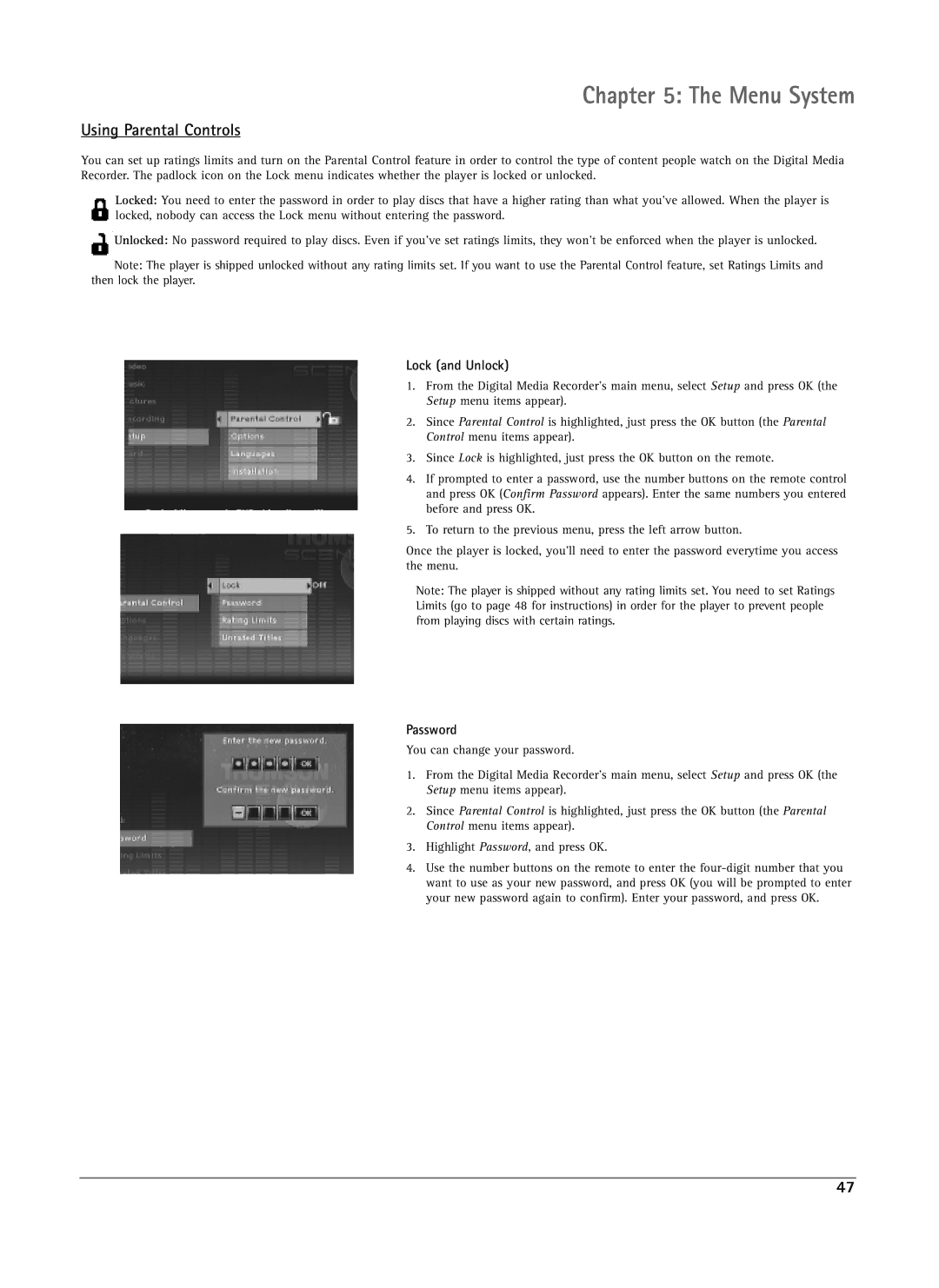 RCA DRS7000N manual Using Parental Controls, Lock and Unlock, Password 