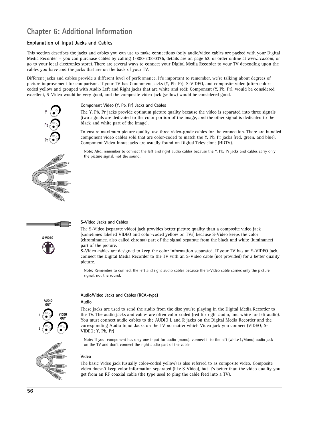 RCA DRS7000N Explanation of Input Jacks and Cables, Component Video Y, Pb, Pr Jacks and Cables, Video Jacks and Cables 