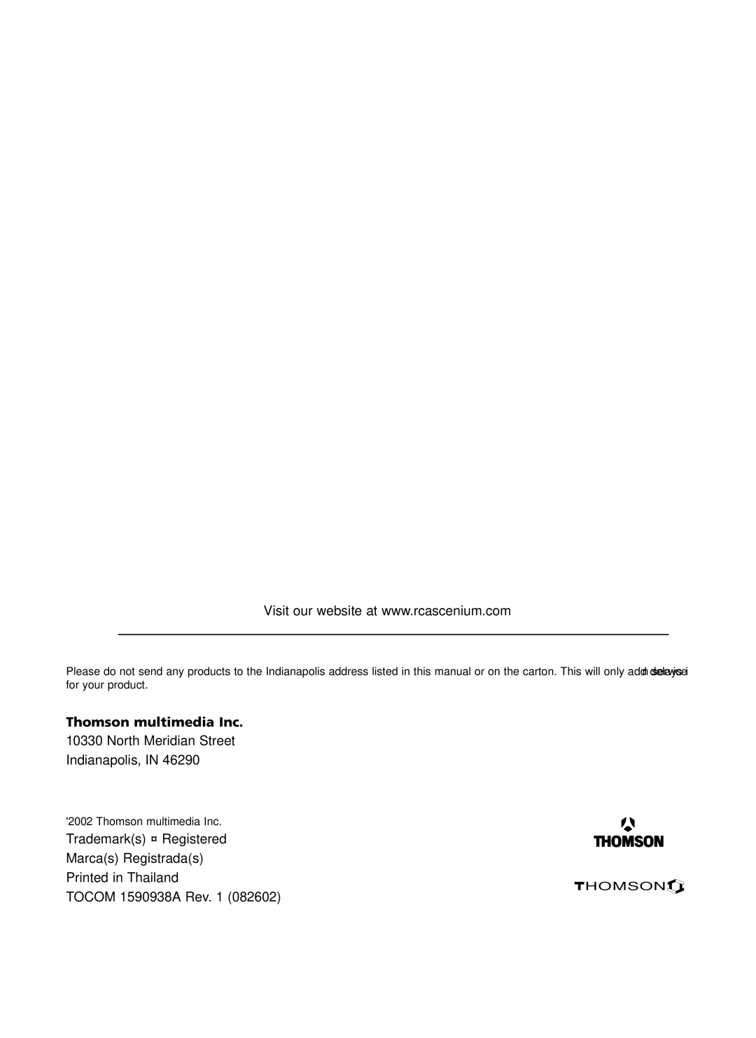 RCA DRS7000N manual Thomson multimedia Inc North Meridian Street Indianapolis, Trademarks Registered Marcas Registradas 