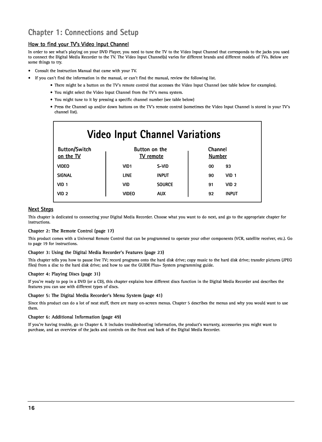 RCA DRS7000N Video Input Channel Variations, Connections and Setup, How to find your TV’s Video Input Channel, Next Steps 
