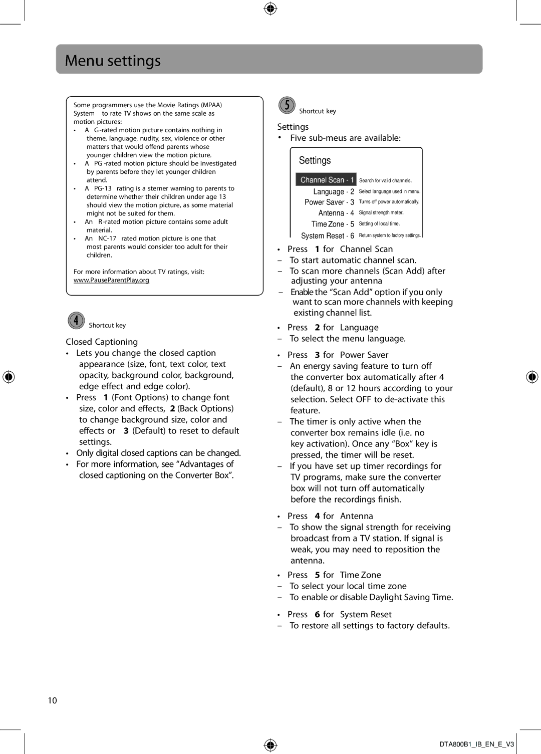 RCA DTA800B1 user manual Closed Captioning, Settings Five sub-meus are available, Power Saver, Antenna, Time Zone 