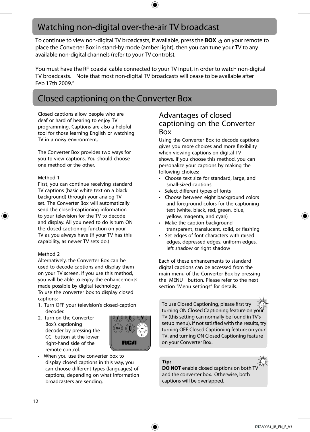 RCA DTA800B1 user manual Watching non-digital over-the-air TV broadcast, Closed captioning on the Converter Box 