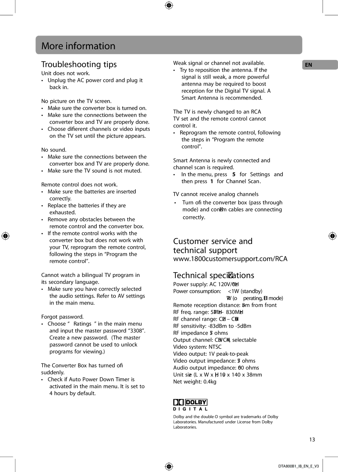 RCA DTA800B1 user manual More information, Troubleshooting tips, No sound 