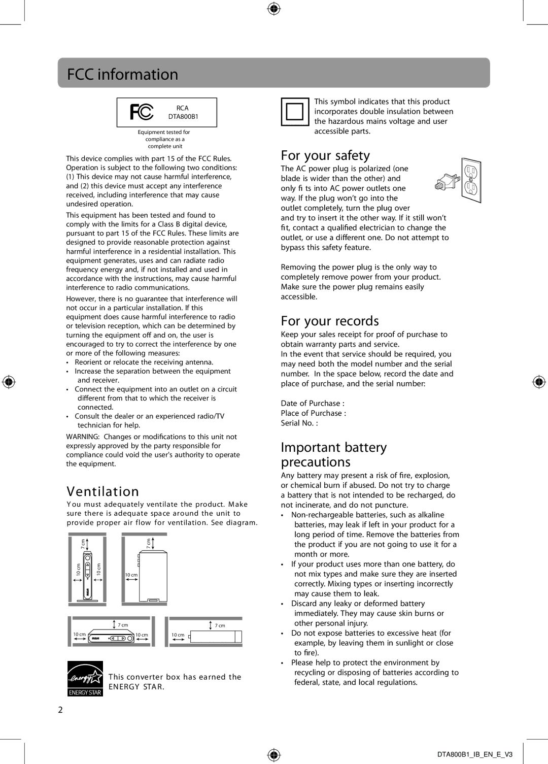 RCA DTA800B1 user manual FCC information, Ventilation, For your safety, For your records, Important battery precautions 