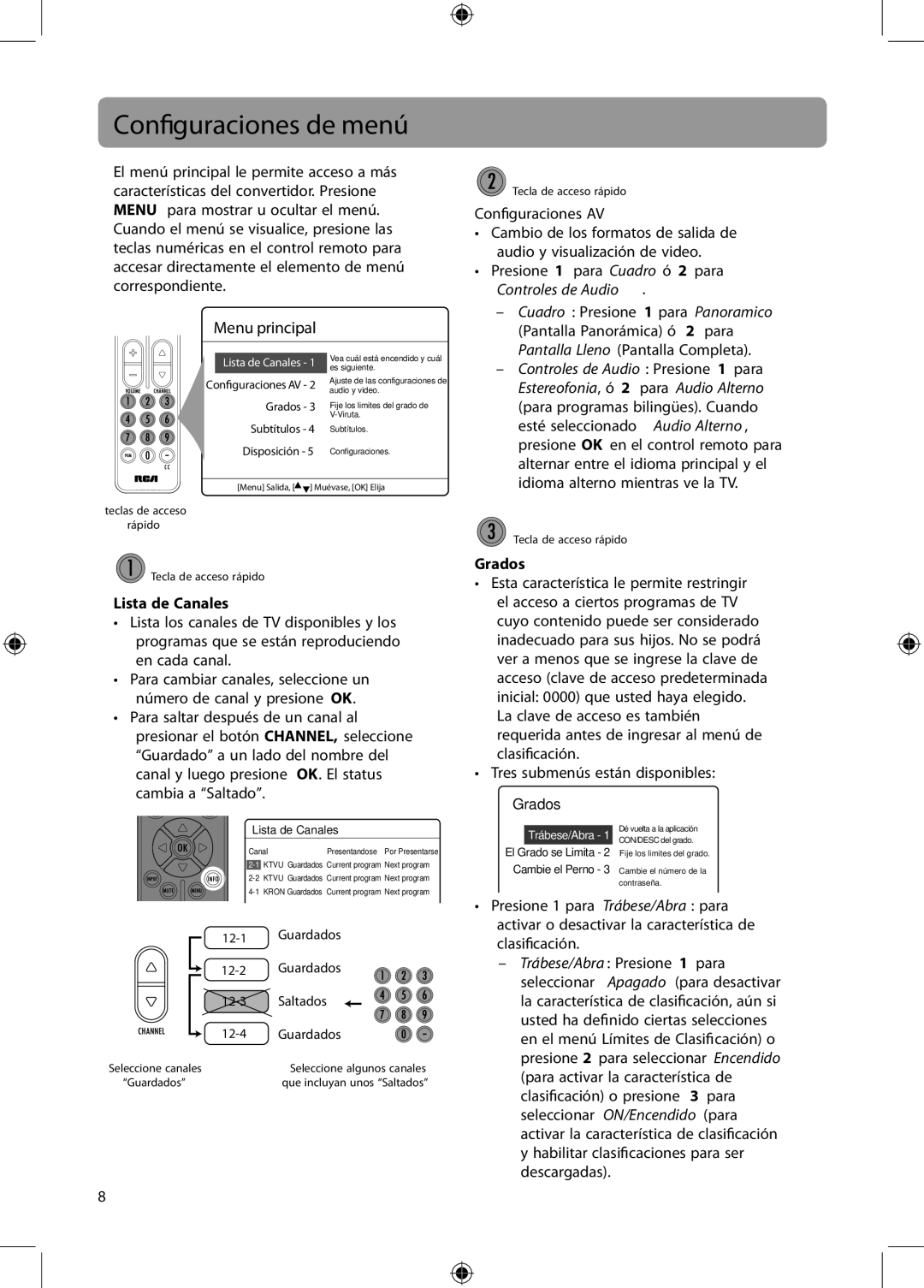 RCA DTA800B1 user manual Conguraciones de menú, Lista de Canales, Grados 