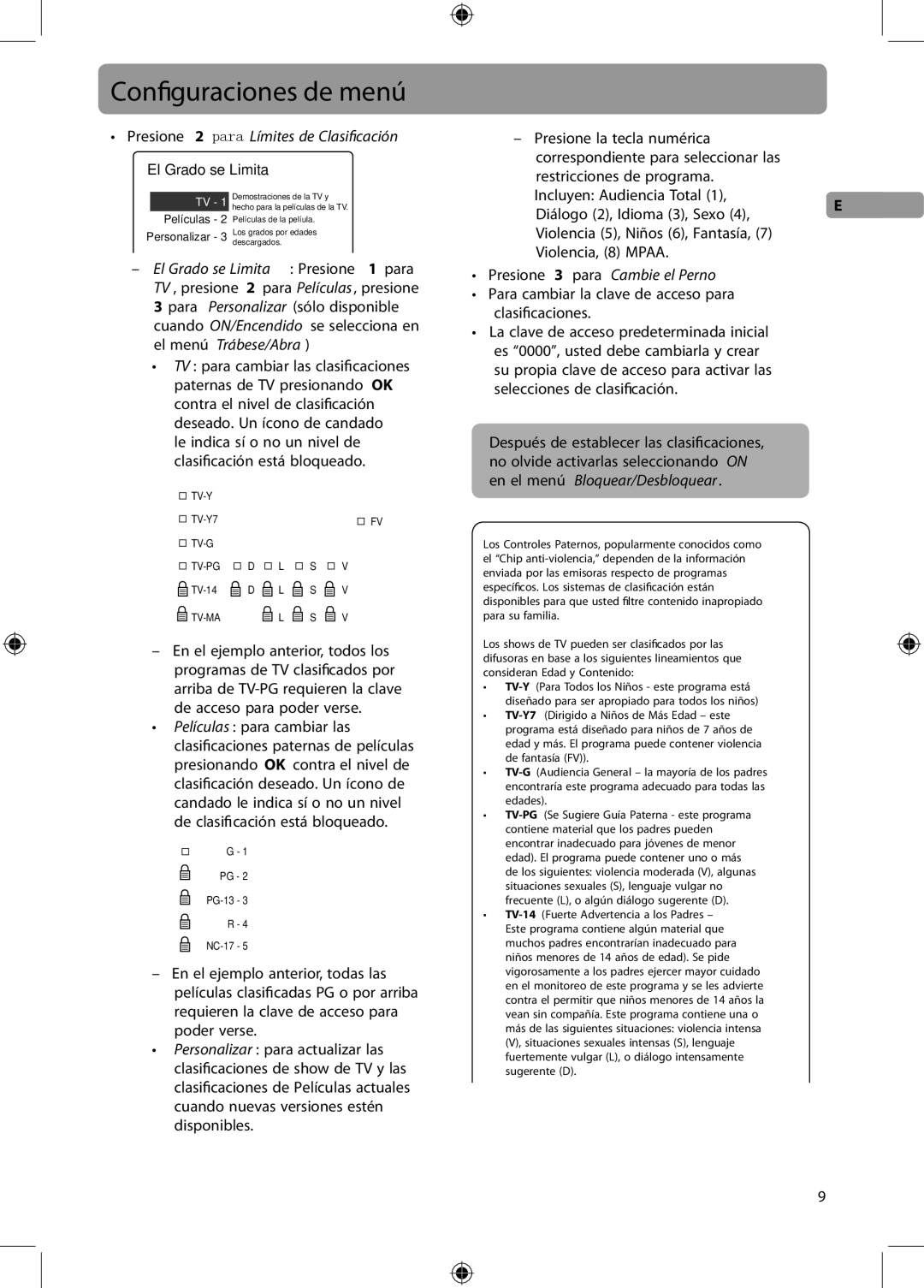 RCA DTA800B1 user manual Presione 2 para Límites de Clasicación, Películas para cambiar las 