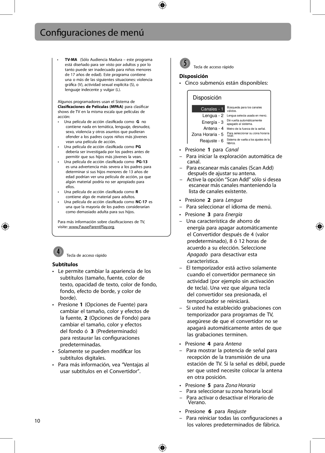 RCA DTA800B1 user manual Subtítulos, Cinco submenús están disponibles Disposición 