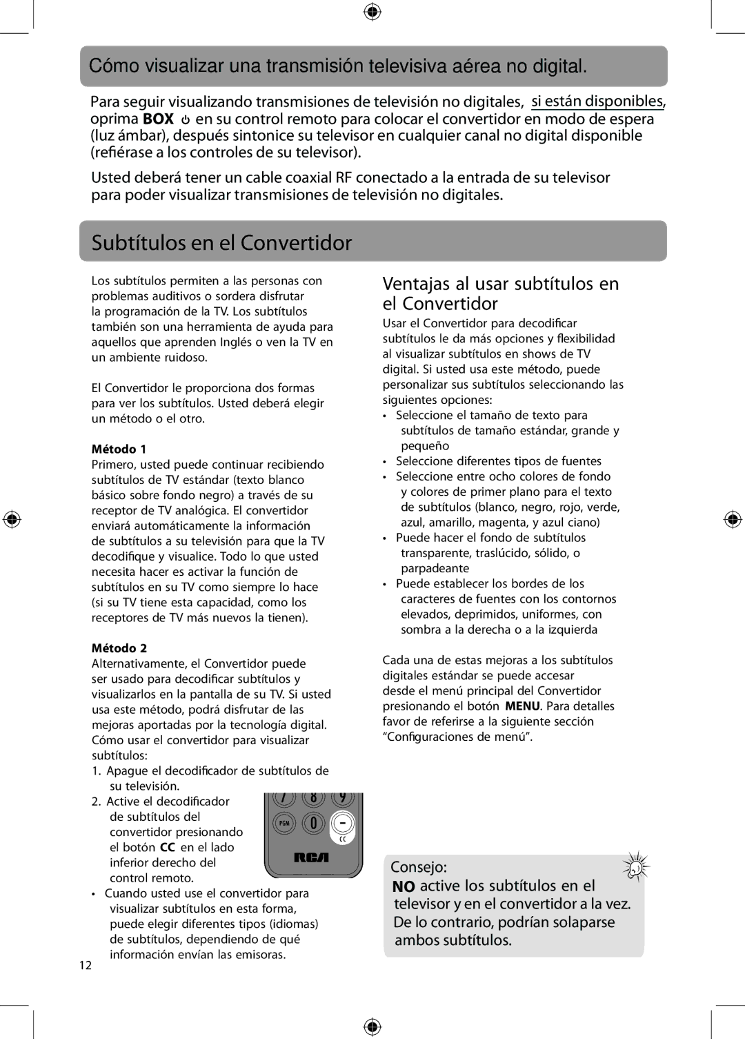 RCA DTA800B1 user manual Subtítulos en el Convertidor, Cómo visualizar una transmisión televisiva aérea no digital, Consejo 