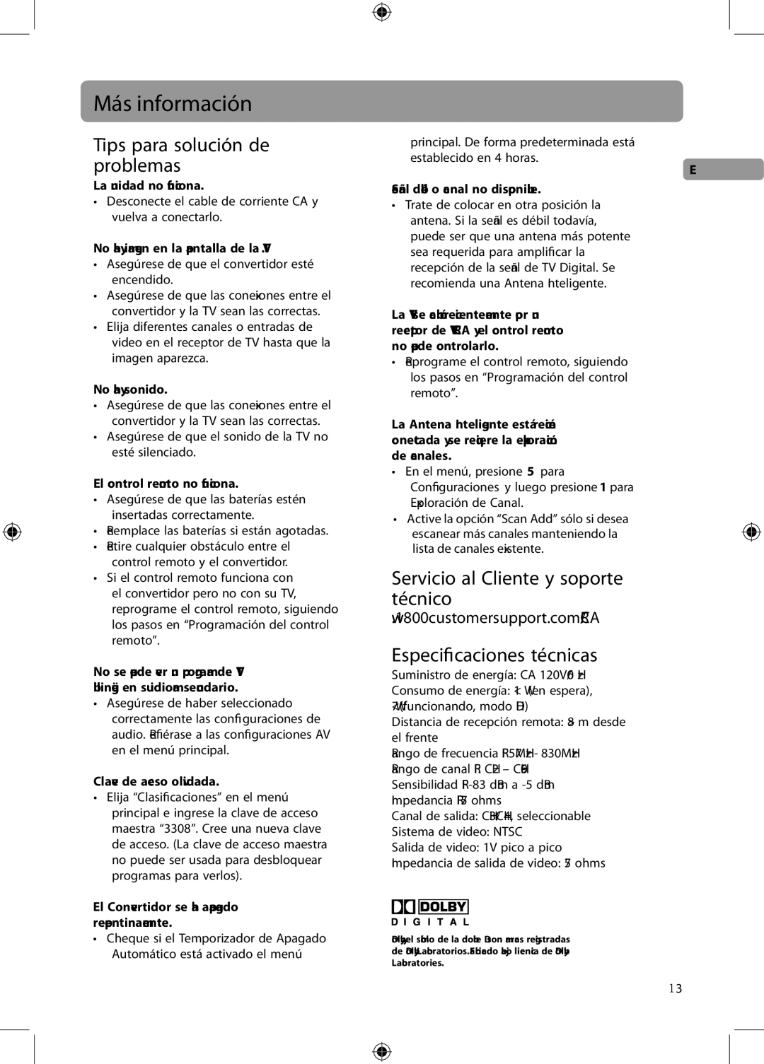 RCA DTA800B1 user manual Más información, Tips para solución de problemas, Servicio al Cliente y soporte técnico 