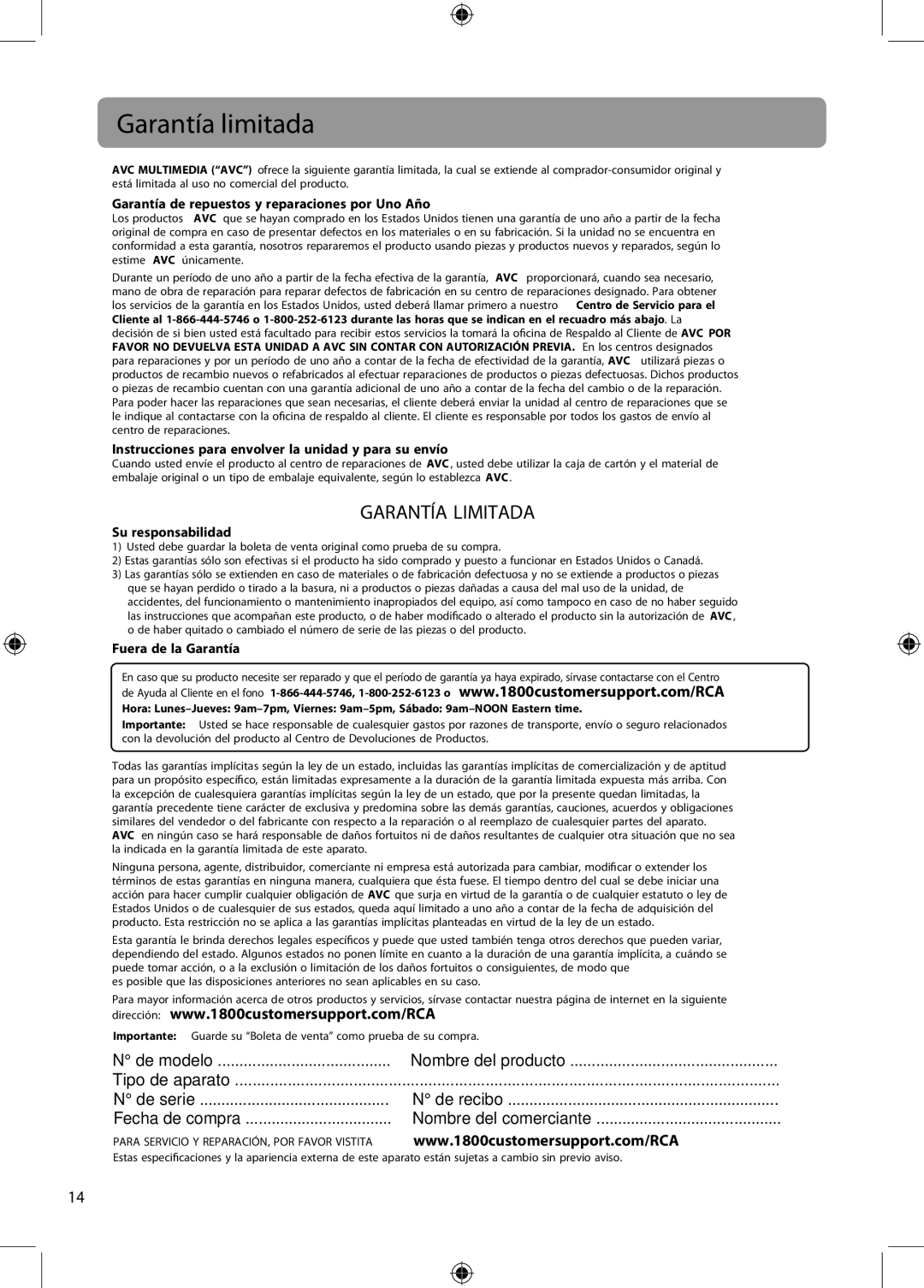 RCA DTA800B1 user manual Garantía limitada, De modelo Nombre del producto Tipo de aparato De serie 