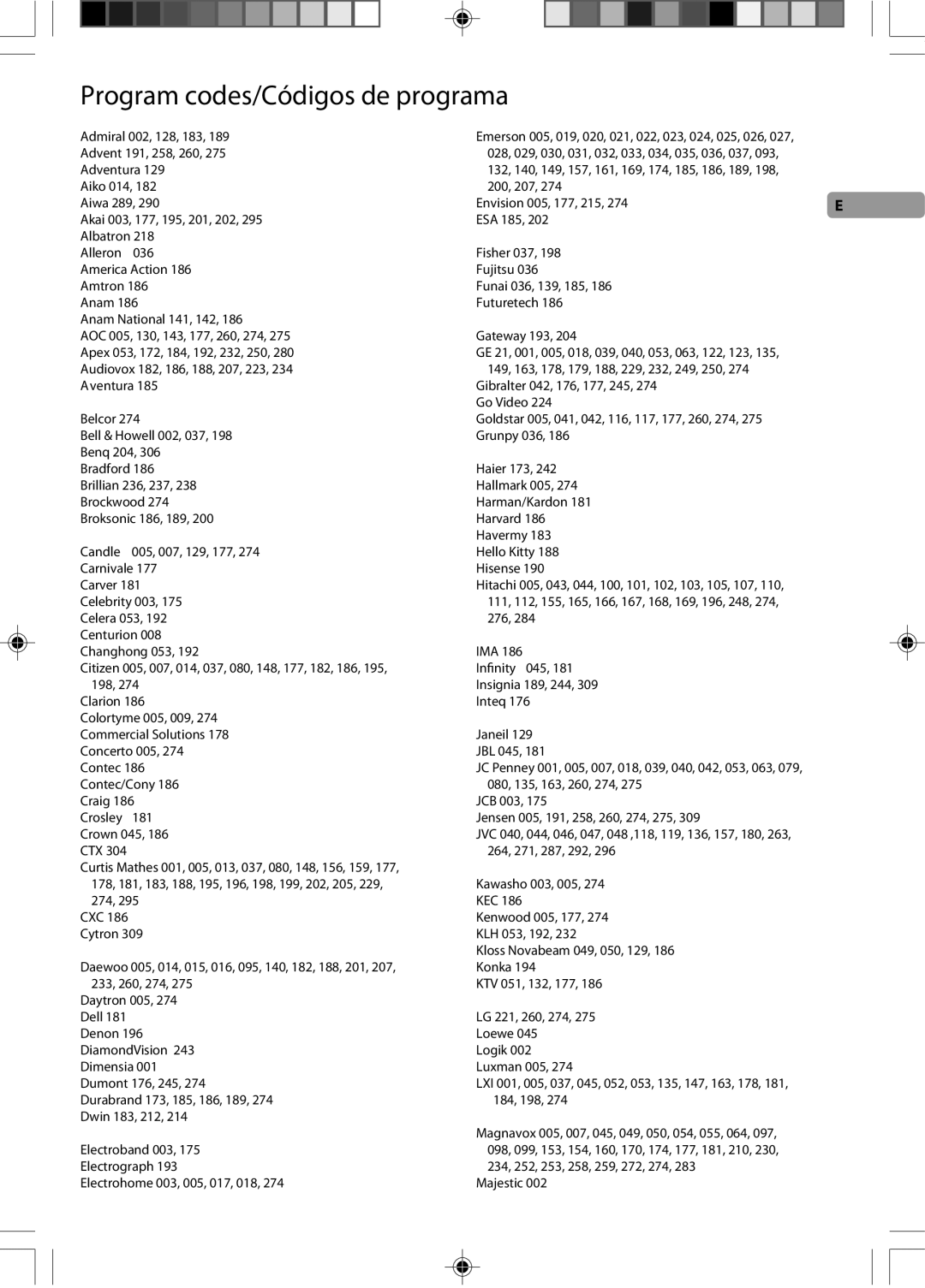 RCA DTA800B1 user manual Program codes/Códigos de programa, Admiral 002, 128, 183, 264, 271, 287, 292 