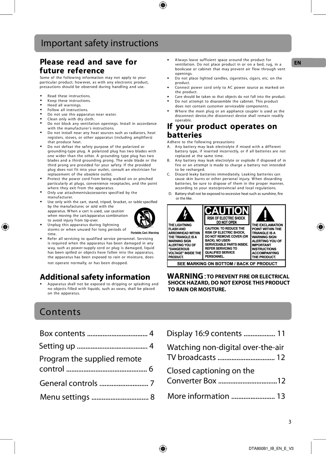 RCA DTA800B1 user manual Important safety instructions, Contents 